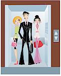 Geschäftsmann in Aufzug, flankiert von zwei attraktive Frauen