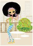 Funky woman in an afro on a terrace