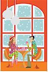 Young couple having tea while it's snowing outside