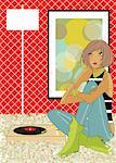 Young woman on rug with her record player