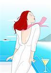 Femme sur le balcon de la mer avec un martini