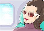 Closeup of young woman traveler in airplane