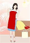 Jeune femme brandissant une robe rouge dans un magasin de vêtements