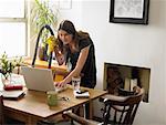 Woman using Laptop Computer while doing Household Chores