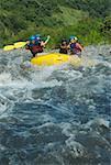 Five people rafting in a river