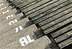 High angle view of empty bleacher seats in a stadium