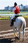 Rear view of a jockey riding a horse