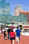 Groupe de personnes marchant sur un sentier pour piétons, Inner Harbor, Baltimore, Maryland, USA