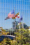 Three flags fluttering in front of a building, Baltimore, Maryland, USA