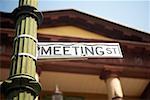 Low angle view of an information board on a pole, Charleston, South Carolina, USA