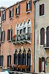 Window boxes hanging on the railings of windows, Venice, Italy