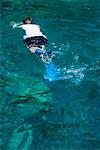 Homme de plongée en apnée dans la mer, Monument du capitaine Cook, Kealakekua Bay, Kona Coast, Big Island, archipel de Hawaii, États-Unis