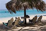 Beach chairs under palapa on the beach, Coral Cay, Dixon Cove, Roatan, Bay Islands, Honduras