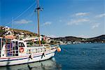 Yacht moored at a harbor, Skala, Patmos, Dodecanese Islands, Greece