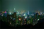 Erhöhte Ansicht der Wolkenkratzer beleuchtet nachts in einer Stadt, Victoria Harbour, Hong Kong Island, Hongkong, China