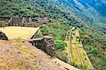 Vue d'angle élevé des ruines anciennes, Choquequirao, Inca, région de Cuzco, Pérou