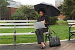 Geschäftsfrau auf Parkbank in Rain, New York City, New York, Vereinigte Staaten