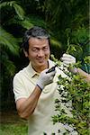 Mature man in garden, pruning plant