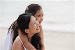 Mother and daughter on beach, daughter hugging mother from behind