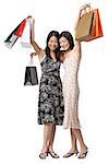 Two young women carrying shopping bags, smiling at camera