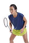 Woman holding badminton racket, looking forward
