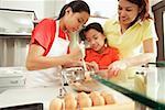 Mother and two daughters in kitchen