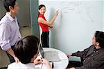 Executives in meeting room, female executive writing on white board