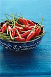 Still life of chilies in bowl on blue mat