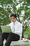 Businessman sitting in park, using laptop