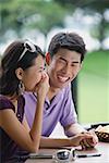 Couple sitting at cafe, young woman with hand over mouth, smiling