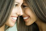 Two twin teenage sisters smiling, face to face, profile