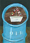Boat with flags of G7 countries in oil barrel