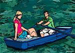 Illustration of Couple in a Rowboat