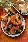 Barbecued shrimps, white bread, white wine