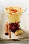 Raspberry compote, Madeira cream & cinnamon in glass, amaretti