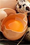 Eggs, egg broken open and quail’s eggs on straw