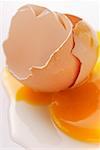 Egg yolk and eggshells on white background