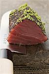 Raw tuna fillet with poppy seeds and lime zest on knife