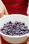 Person holding pan of fresh blueberries