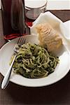 Linguine with pesto and Parmesan, white bread, red wine