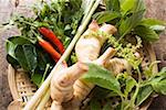 Fresh Thai herbs and spices in basket