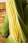 Corn cobs with husks on a wooden board