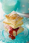 Puff pastry filled with raspberry ice cream & raspberry sauce