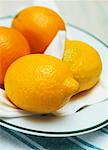 Two lemons and two oranges on a plate