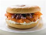 Salmon, cream cheese, onions and capers in a bagel