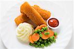 Fish fingers with mashed potato, peas and carrots