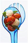 Cherry tomatoes with mozzarella and basil on salad servers