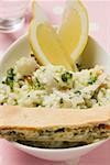 Lemon risotto with herb oil, & piece of spinach & ricotta pie