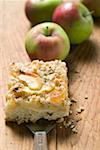 Piece of apple crumble cake, fresh apples in background