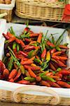 Fresh chili peppers in a basket at a market